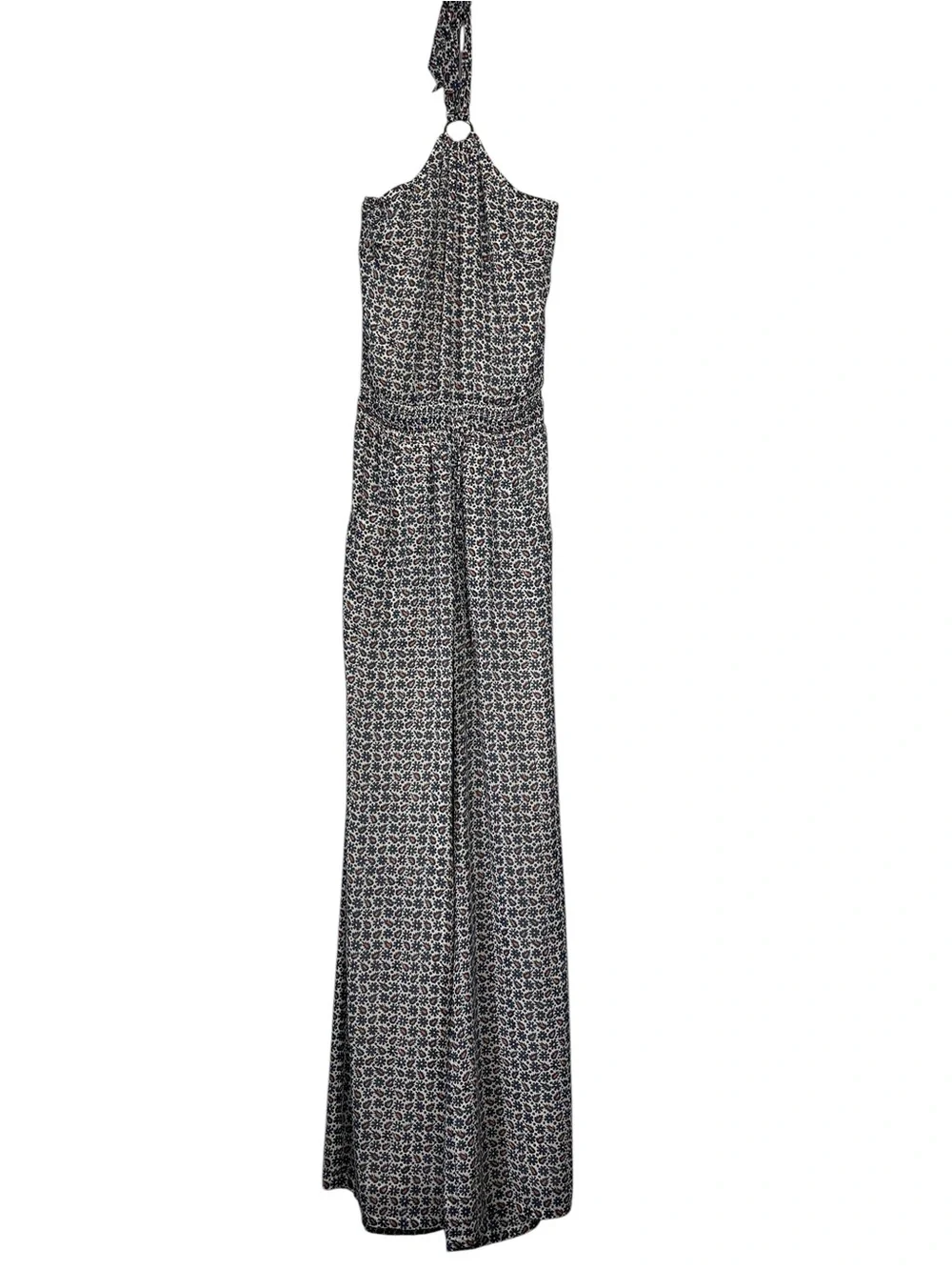 Tory Burch Silk Ditsy Floral Wide Leg Halter D-Ring Tassel Jumpsuit XS